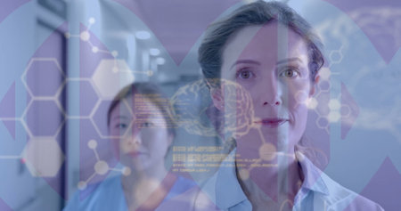 Image of human brain and data processing over diverse doctors. Global medicine, connections, computing and data processing concept digitally generated image.の写真素材