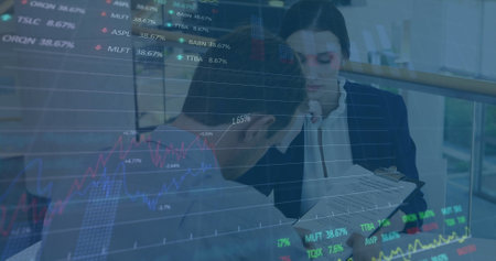 Image of financial data processing over businesses people. global business, finances, data...