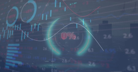 Image of 0 with percentile in circle over graphs, loading circle and trading board against city....