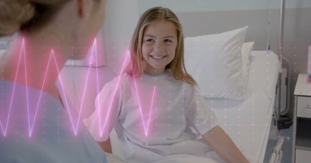 Image of data processing over caucasian female doctor with girl patient. Global medicine, connections, computing and data processing concept digitally generated image.の写真素材