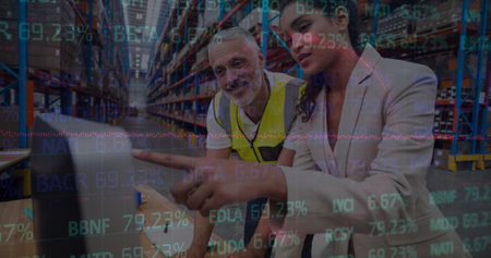 Image of data processing over people working in warehouse. global shipping, delivery and connections concept digitally generated image.の写真素材