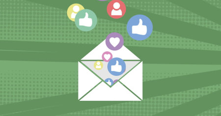 Image of envelope email icon with social media icons on rotating green bright stripes moving in...
