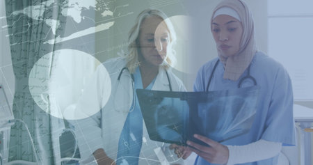 Image of infographic interface, diverse female doctors discussing patient reports in hospital. Digital composite, multiple exposure, report, business, global, medical, healthcare concept.の写真素材