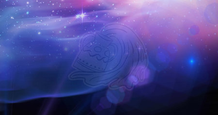 Composition of aquarius star sign over starry blue sky. horoscope and zodiac sign concept digitally generated image.の写真素材