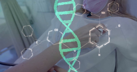 Image of dna strand and data processing over caucasian female doctor and girl patient. Global medicine, connections, computing and data processing concept digitally generated image.の写真素材