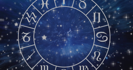 Composition of aries star sign symbol in spinning zodiac wheel over glowing stars. horoscope and zodiac sign concept digitally generated image.の写真素材