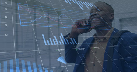 Image of data processing over diverse business people talking on smartphone. global business and digital interface concept digitally generated image.の写真素材