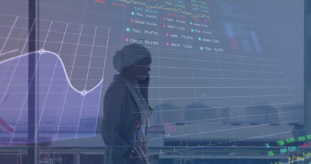 Image of data processing over biracial businesswoman using smartphone. global business and digital...