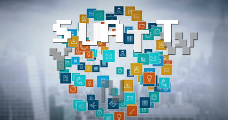 Image of start text and media icons over cityscape. social media and digital interface concept digitally generated image.の写真素材