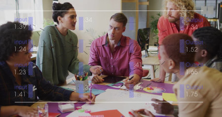 Image of data processing over diverse colleagues having meeting in office. Business, finances and...