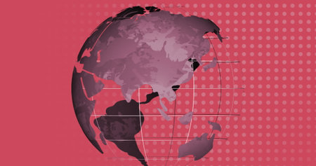 Image of spinning globe moving in hypnotic motion in seamless loop over rows of dots on pink background. Repetition abstract and colour concept digitally generated image.の写真素材