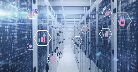 Image of multiple icons and lens flares over binary codes on data server racks. Digital composite,...