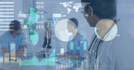 Image of infographic interface, graphs and trading board over smiling asian doctor in hospital....