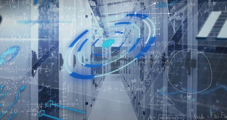Image of scope scanning and data processing over tech room with computer servers. Global connections...