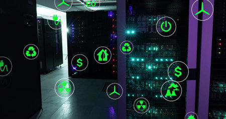 Image of eco icons and data processing over computer servers. Global green energy, connections, computing and data processing concept digitally generated image.の写真素材