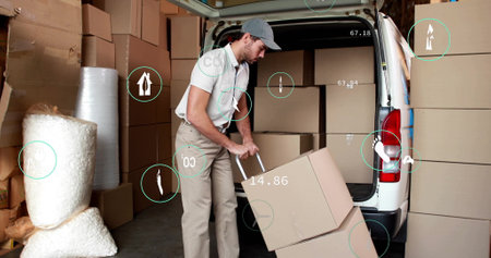 Image of data processing and ecology icons over caucasian male deliverer packing car. Global...