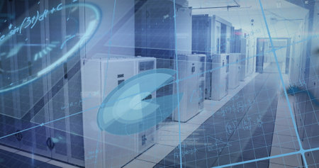 Image of interface with data processing and mathematical equations against computer server room....