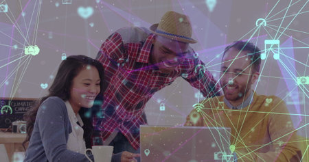 Image of network of connections with icons over diverse business people in office. Global finance,...
