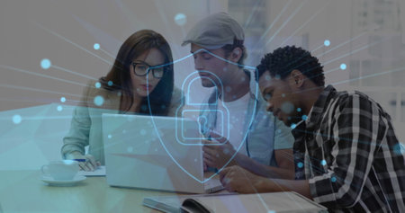 Image of padlock and network of connections over diverse business people in office. Global cyber security, business, connections, computing and data processing concept digitally generated image.の写真素材