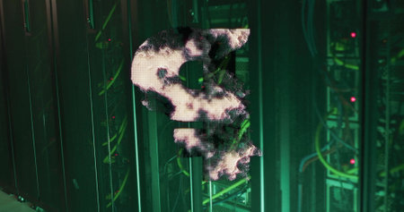Digital cloud image over green server racks in data center. Technology, cloud computing, servers,...