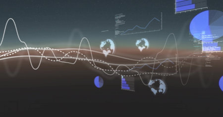 Image of data processing with globes and lines on black background. Global technology, connections,...