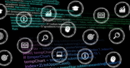Image of digital icons and data processing over black background. Global connections, computing and...