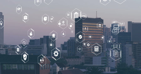 Image of digital icons and data processing over cityscape. Global finance, business, connections, computing and data processing concept digitally generated image.の写真素材