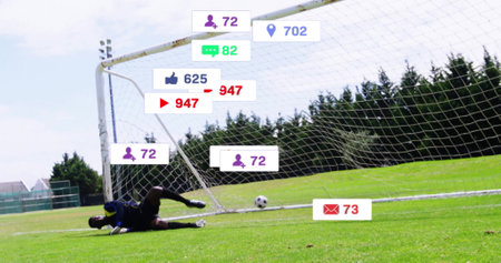 Image of digital data processing over african american football goal keeper on field. Global sports,...