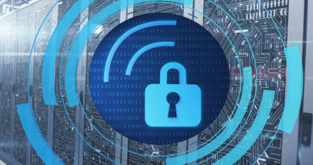 Image of circular scanner processing wifi with padlock icon over server room. Network, data, security, digital interface, connection, processing and communication, digitally generated image.の写真素材