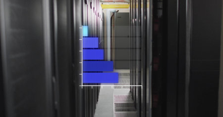 Image of blue graph over computer server room. Data, digital interface, connection, processing,...
