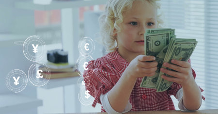 Image of currency icons data processing over caucasian girl playing with banknotes. Global finance,...