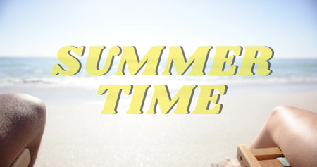 Image of summer time text over diverse couple holding hands on beach. Summer, vacation, lifestyle and digital interface concept digitally generated image.の写真素材