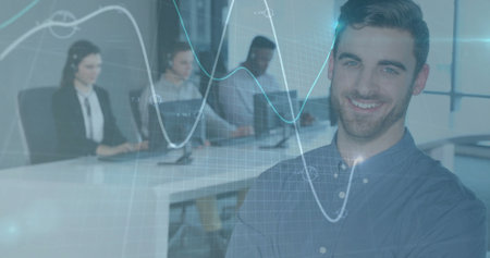 Image of financial data processing over caucasian businessman with colleagues. Global business,...