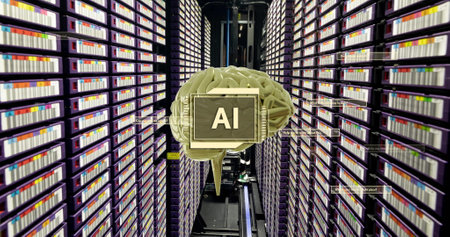 Image of ai text, brain and data processing over computer servers. Global artificial intelligence,...