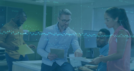 Image of financial data processing over diverse business people in office. Global finance, business,...