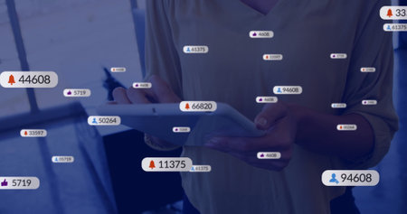 Image of icons and data processing over caucasian businesswoman using tablet. Global social media,...