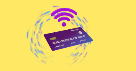 Image of wifi icon and credit card over yellow background. Global online banking, finance, business, connections and data processing concept digitally generated image.の写真素材