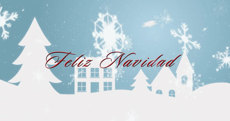 Image of feliz navidad text over snow falling in winter scenery background. Christmas, tradition and celebration concept digitally generated image.の写真素材
