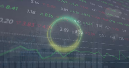 Image of circles, multiple graphs and trading board over modern city against sky. Digital composite,...