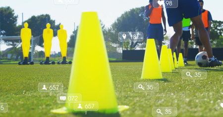 Image of digital data processing over diverse football players on field. Global sports, social...
