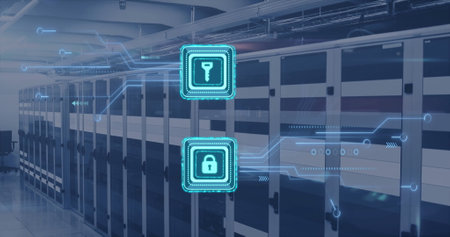 Image of digital data processing, padlock and key icons, circuit board and computer servers. Global...