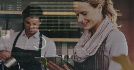 Image of data processing over diverse people. Global business, computing and digital interface...
