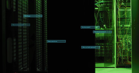Image of ai text and data processing over computer servers. Global artificial intelligence,...