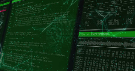 Image of digital data processing over networks of connections. Global connections, computing and data processing concept digitally generated image.の写真素材