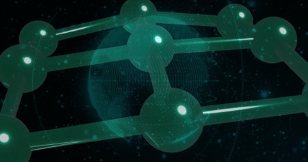 Image of digital data processing over globe and networks of connections. Global connections, computing and data processing concept digitally generated image.の写真素材