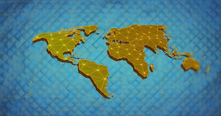Image of network of connections over world map. Global connections, computing and data processing concept digitally generated image.の写真素材