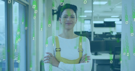 Binary code image over confident businesswoman standing in modern office. Technology, professional, innovation, digital, futuristic, corporateの写真素材