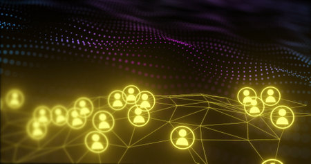Image of network of connections with people icons over black background. Global connections, computing and data processing concept digitally generated image.の写真素材