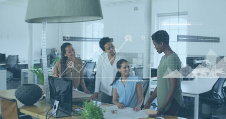 Image of financial data processing over diverse business people in office. Global finance, business, connections, computing and data processing concept digitally generated image.の写真素材