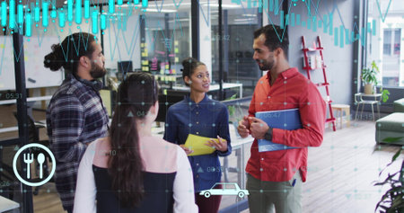 Financial data and healthcare icons over diverse business people discussing in office. Business...